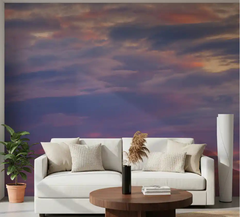 Purple and pink dusk sky wall mural displayed in a living room., GD10453