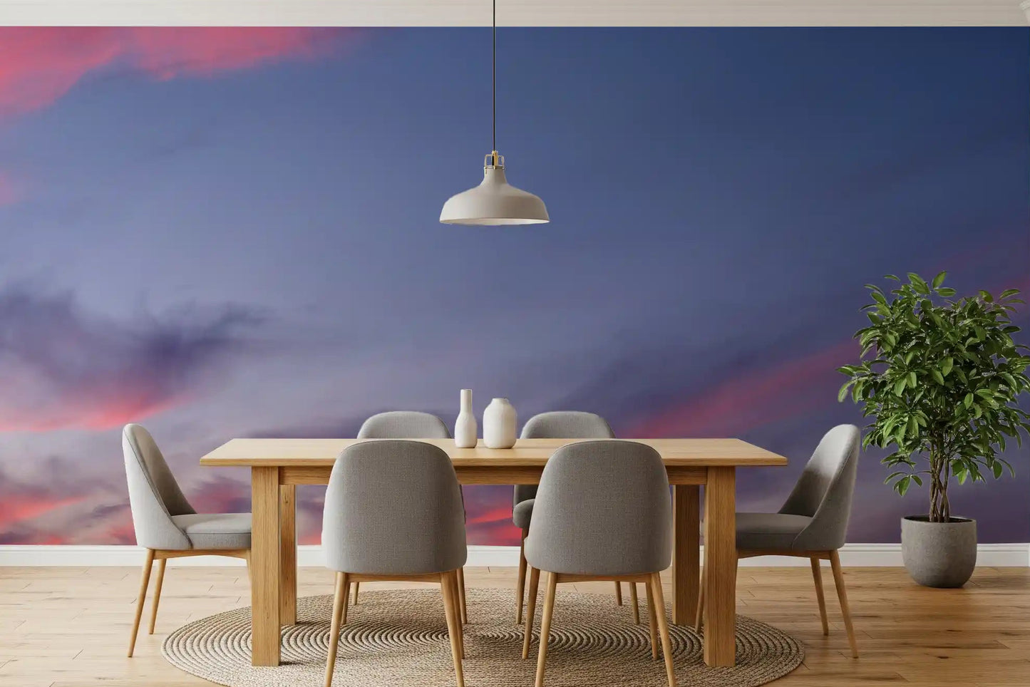 Twilight sky wall mural with Diagonal pink streaks and wispy cloud trails in dining room., GD10454