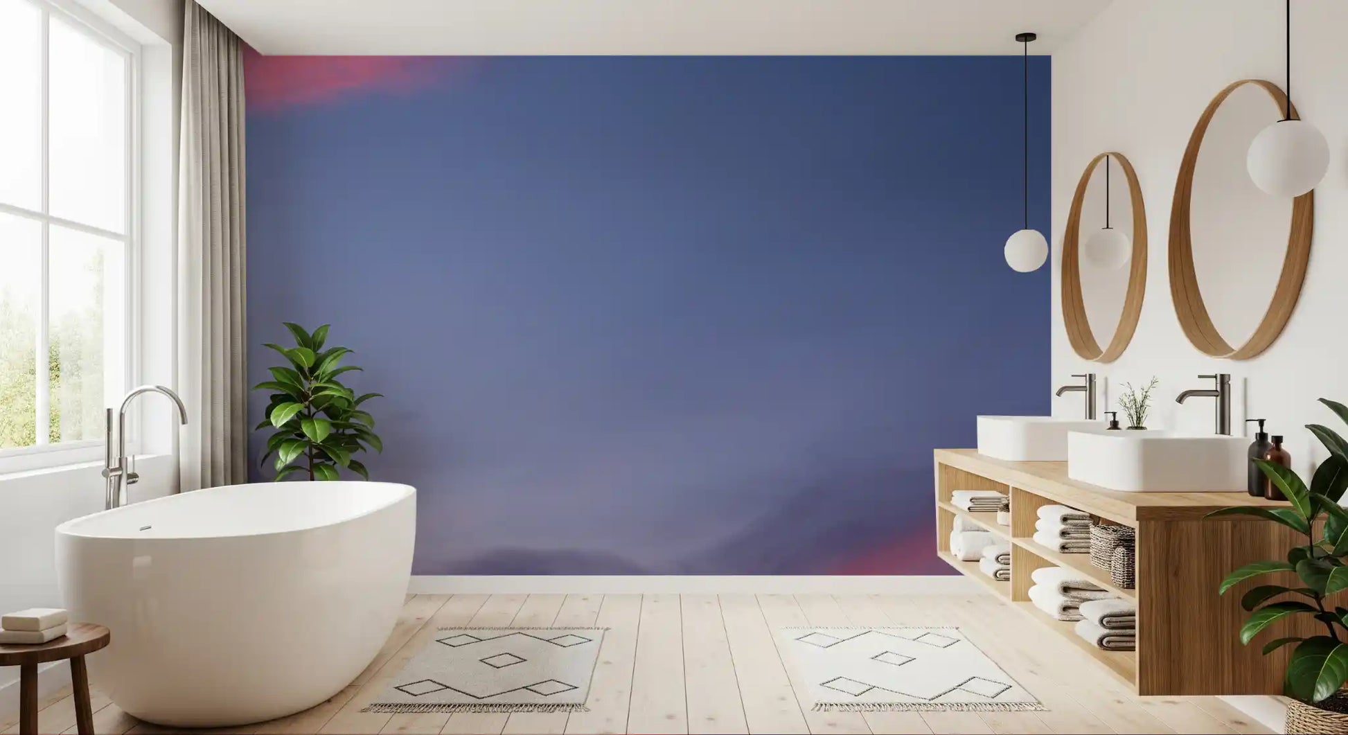Pink and violet dusk mural with Dense billowing clouds and blurred edges in bathroom., GD10454