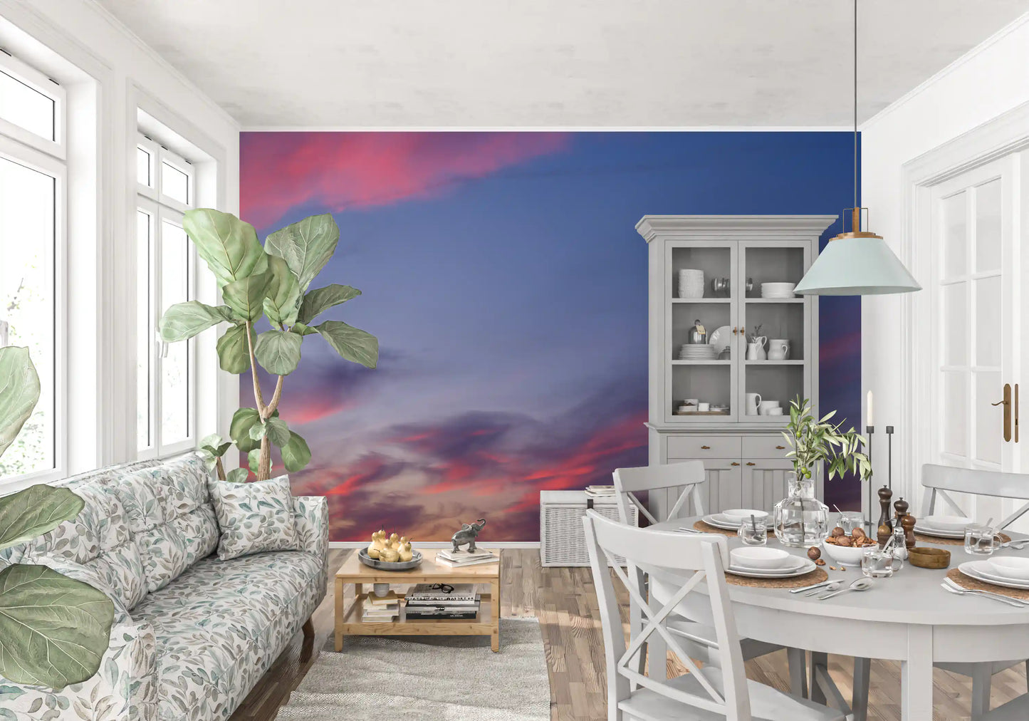 Bright pink cloud bands over open blue-lavender sky in twilight mural., GD10454
