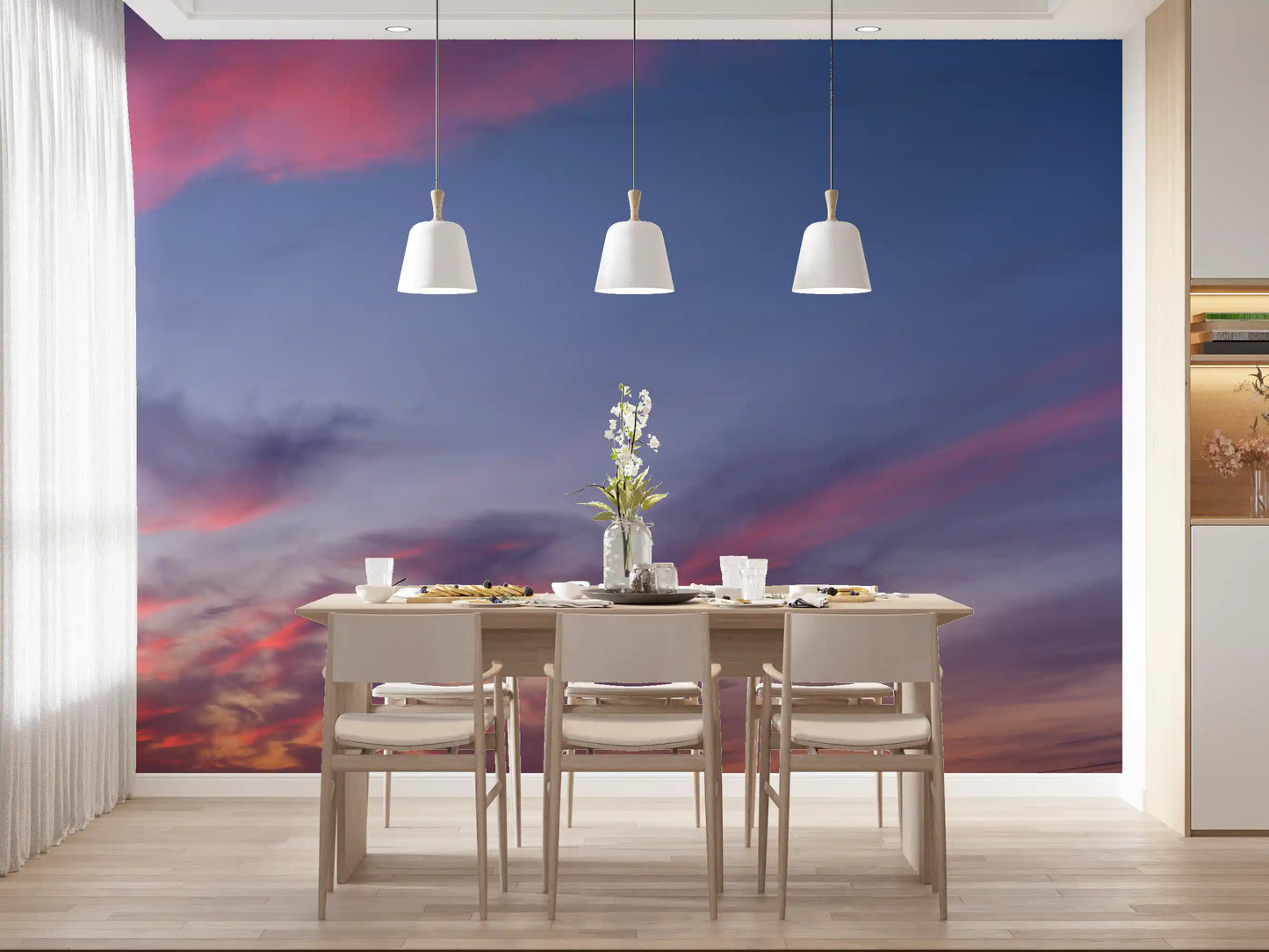 Sweeping coral-pink cloud streaks across lavender dusk sky wall mural., GD10454