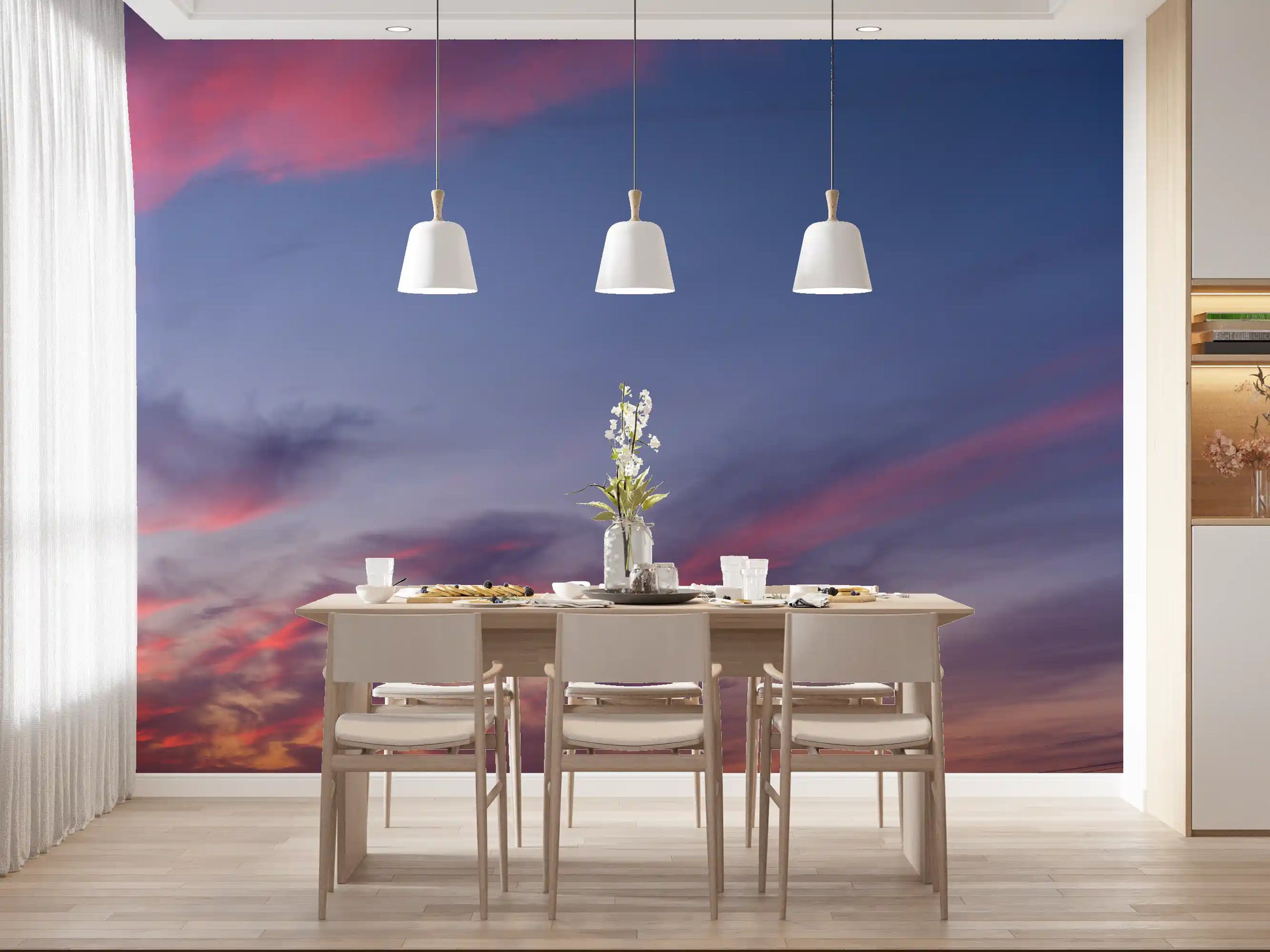Sweeping coral-pink cloud streaks across lavender dusk sky wall mural., GD10454