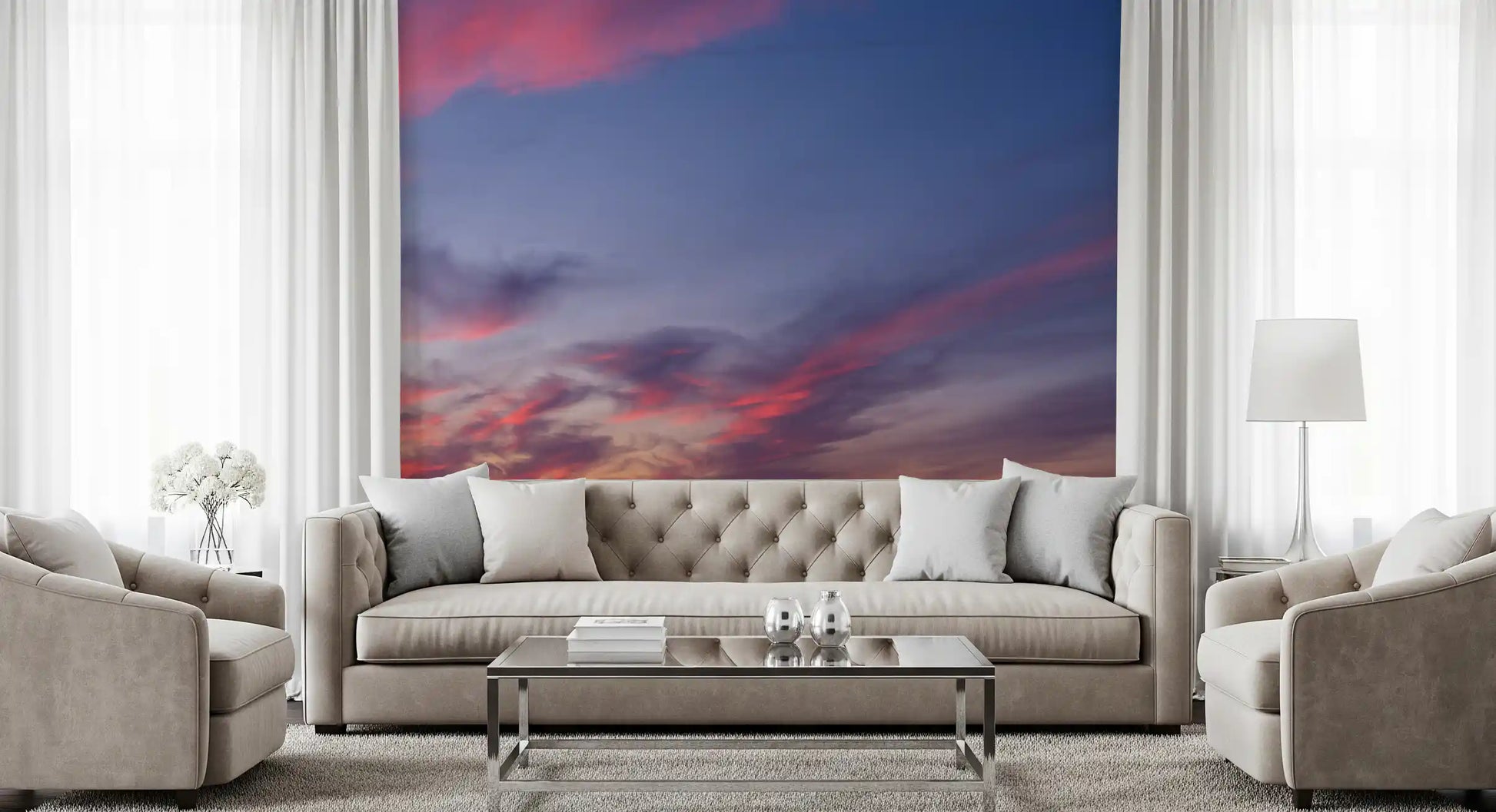 Twilight bloom sky wall mural with vivid pink and blue-violet dusk clouds., GD10454