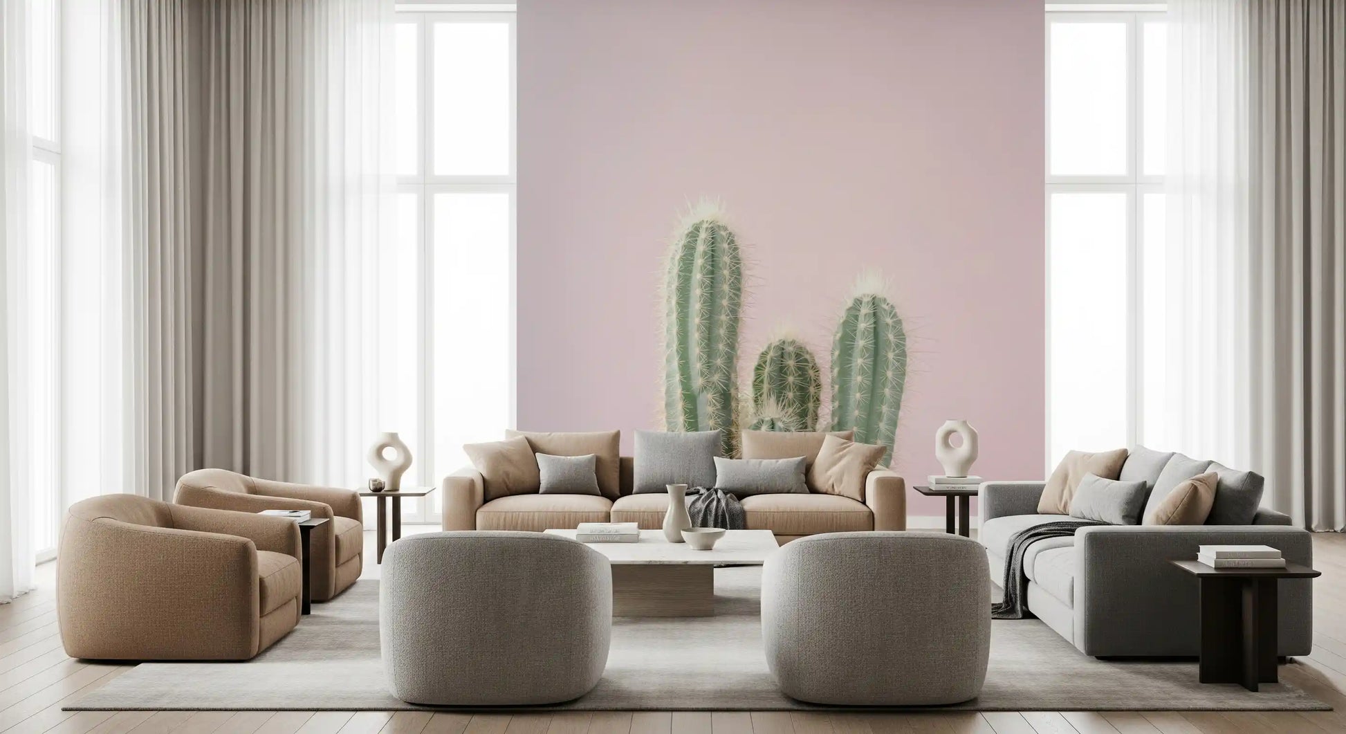 Blush Desert Spire Wall Mural showing tonal shifts from sage to deep green in living room., GD10455