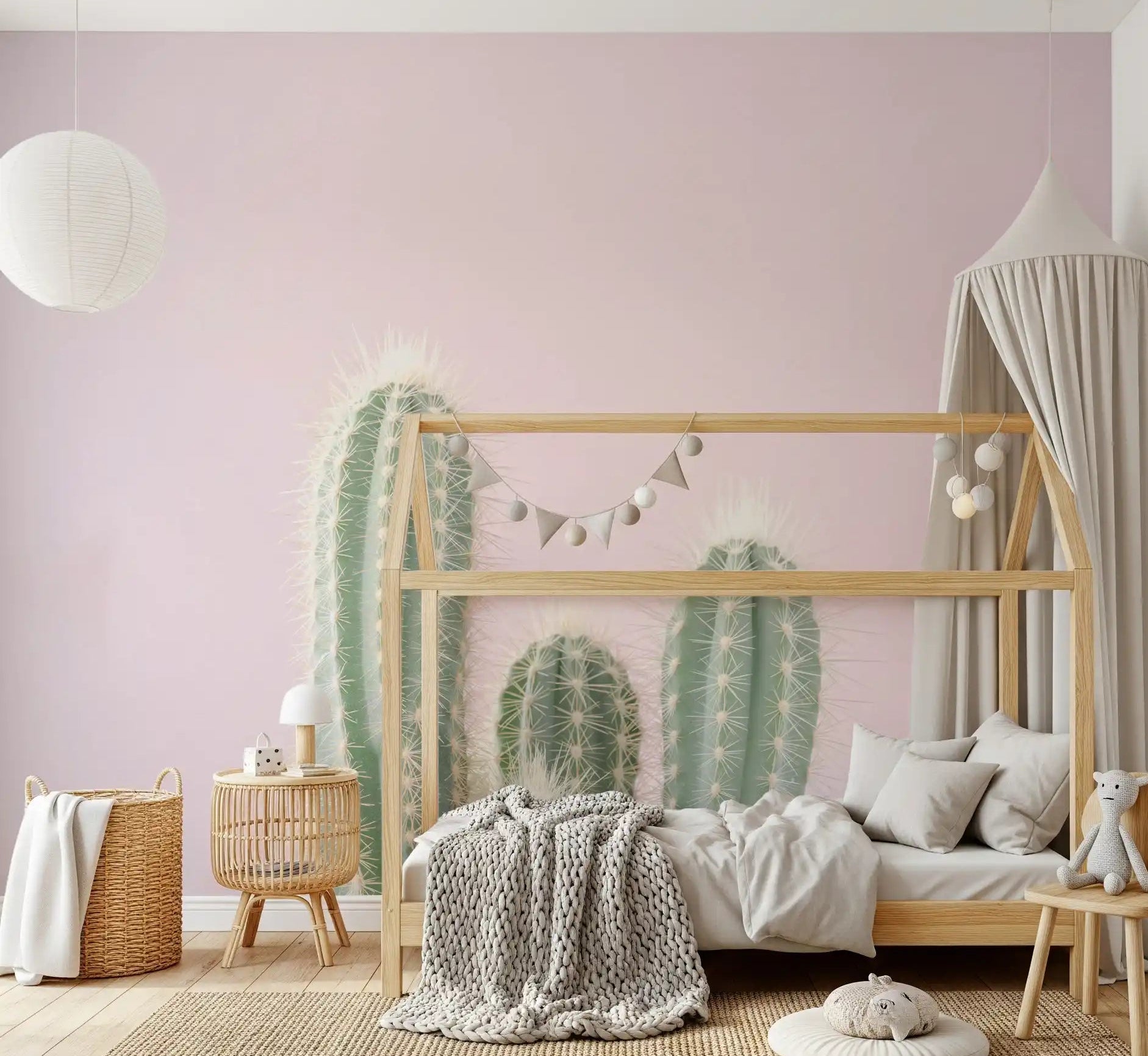 Blush Desert Spire Wall Mural with green cactus columns in kids bedroom., GD10455