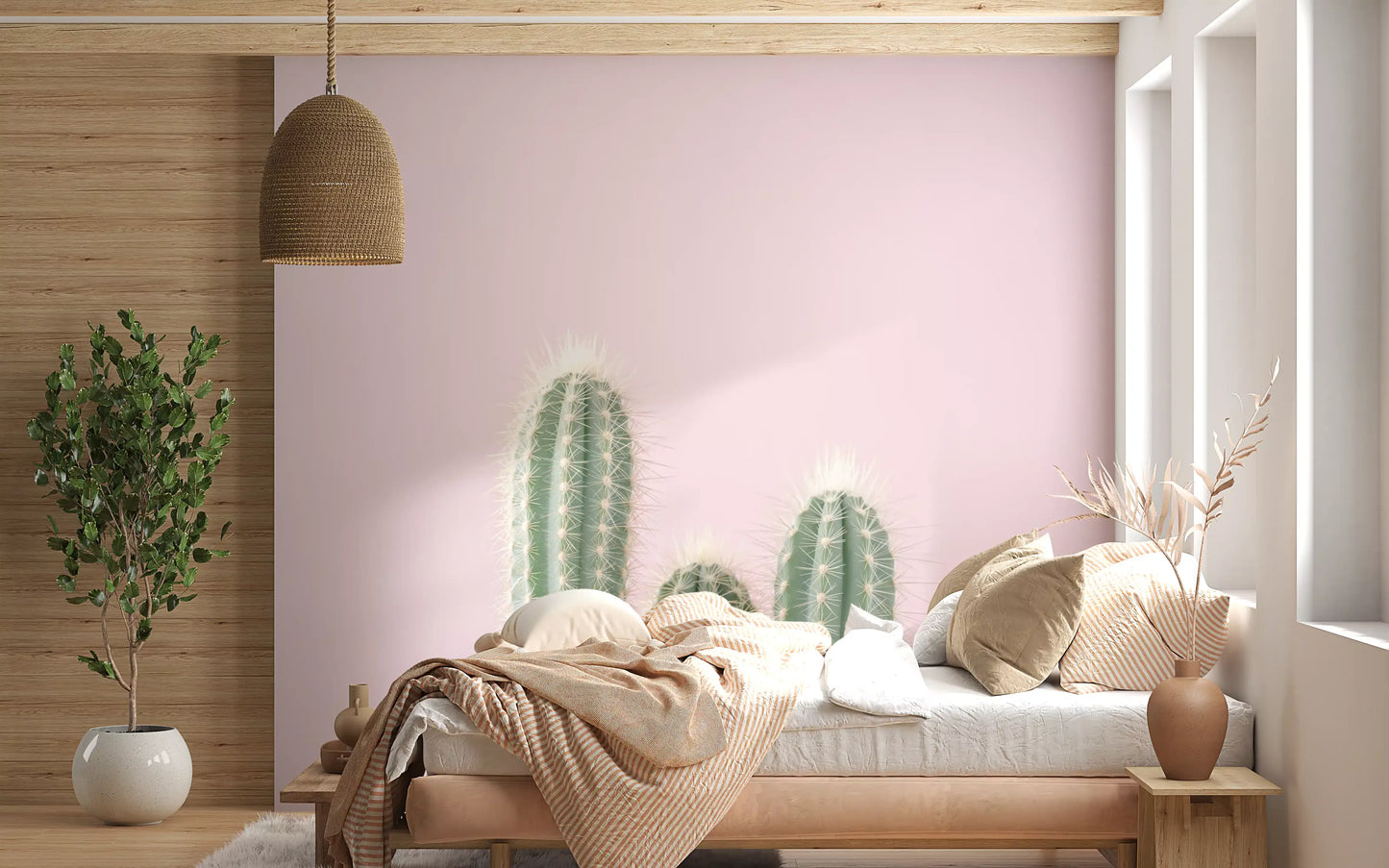 Fine spine detail on green columnar cacti in desert spire wall mural., GD10455