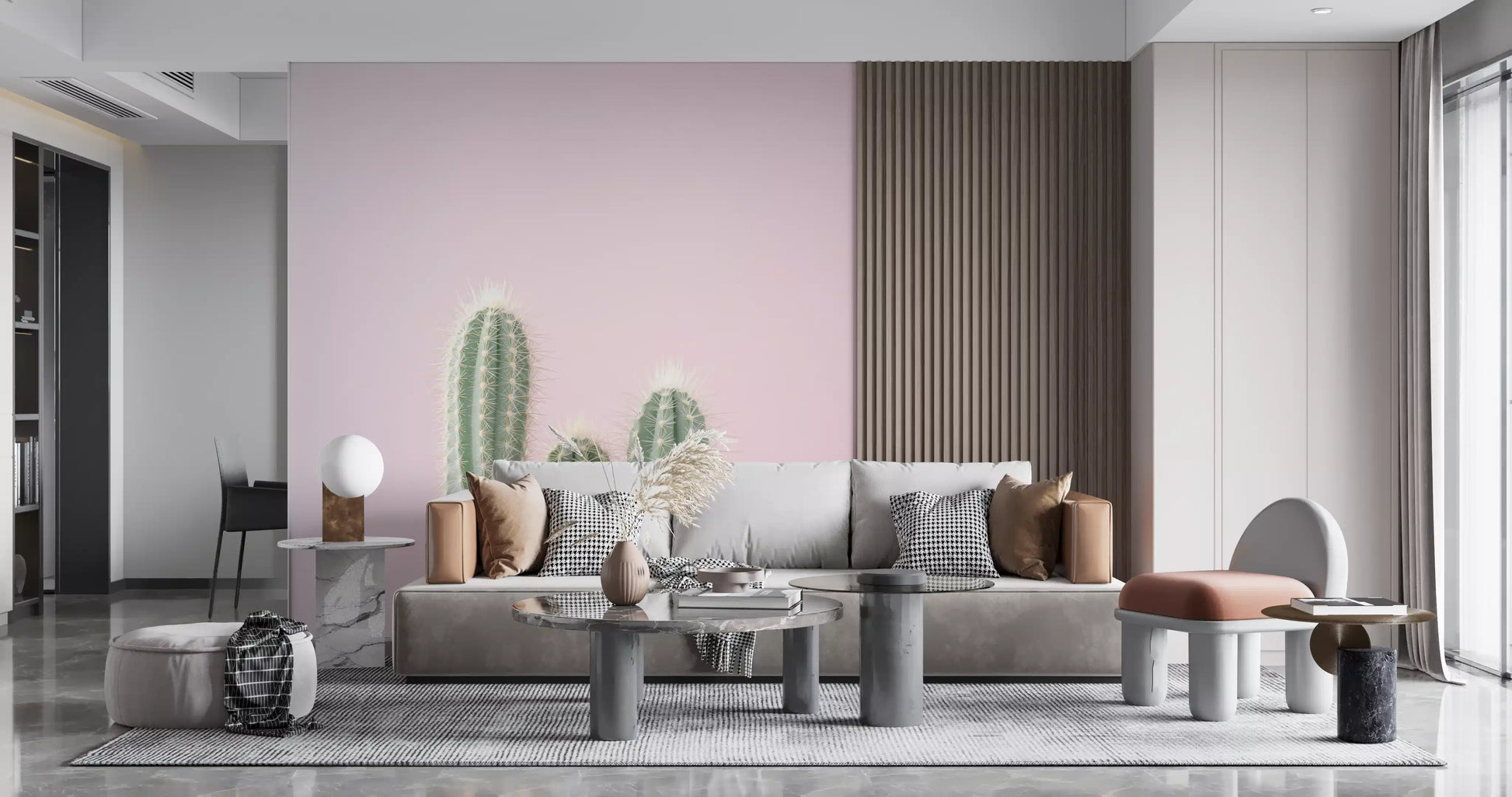 Blush Desert Spire Wall Mural with botanical green tones in a living room., GD10455
