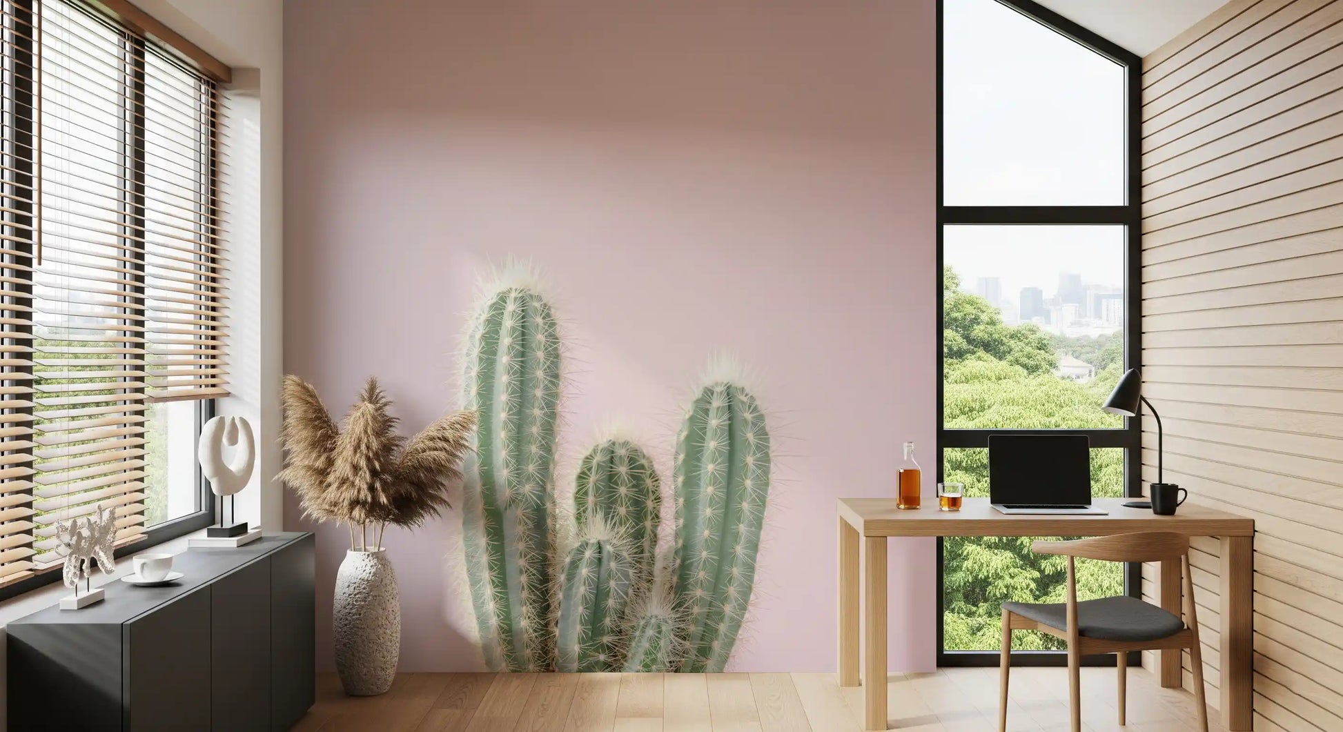Blush desert wall mural with soft pace above cactus columns., GD10455