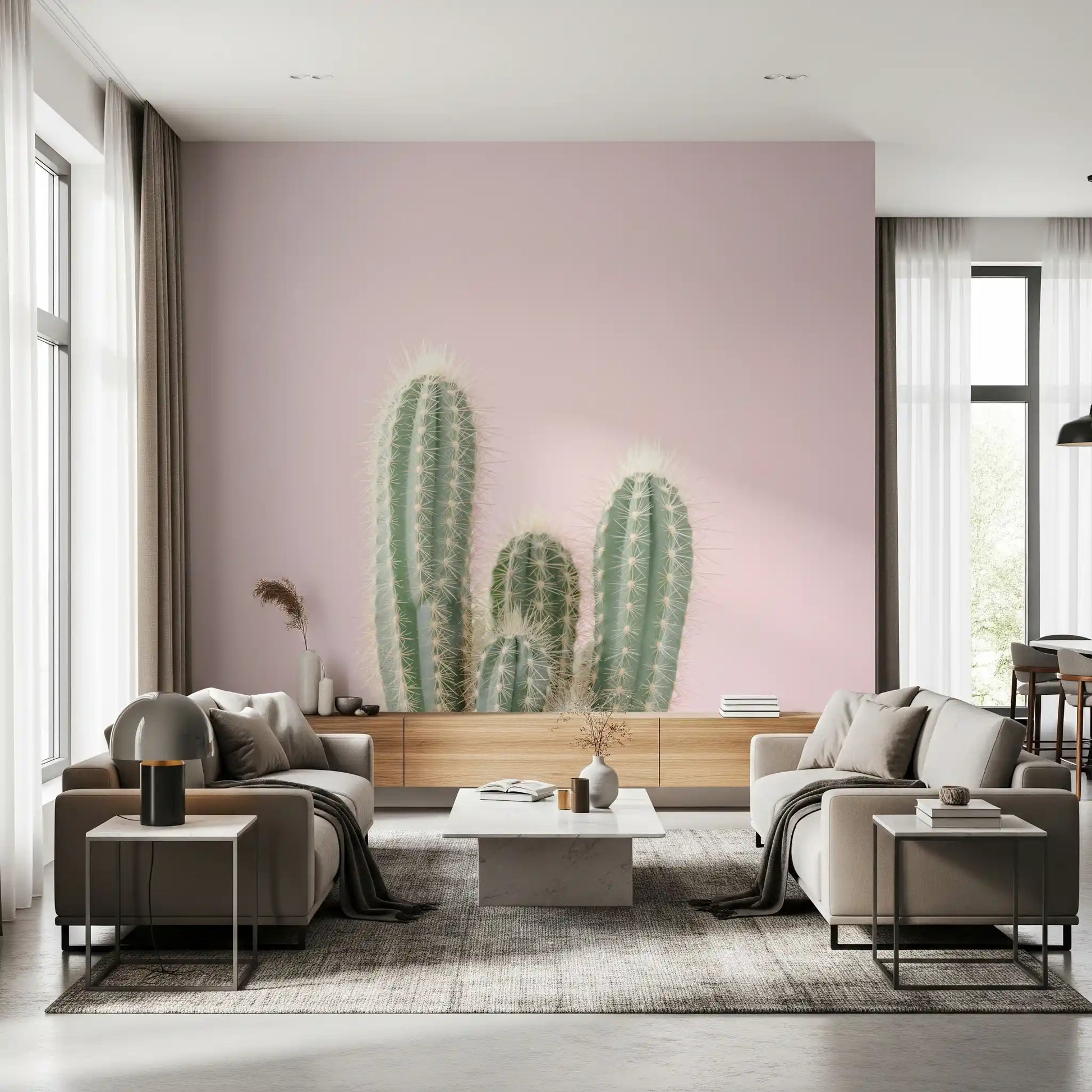 Sage green cactus ridges and spines wall mural on soft lavender-pink backdrop., GD10455