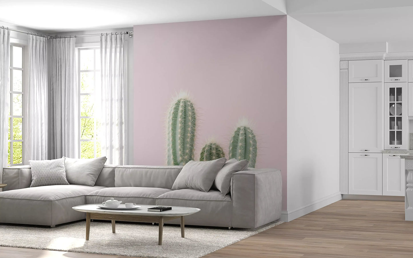 Columnar cactus spires with fine needle texture in blush desert wall mural., GD10455