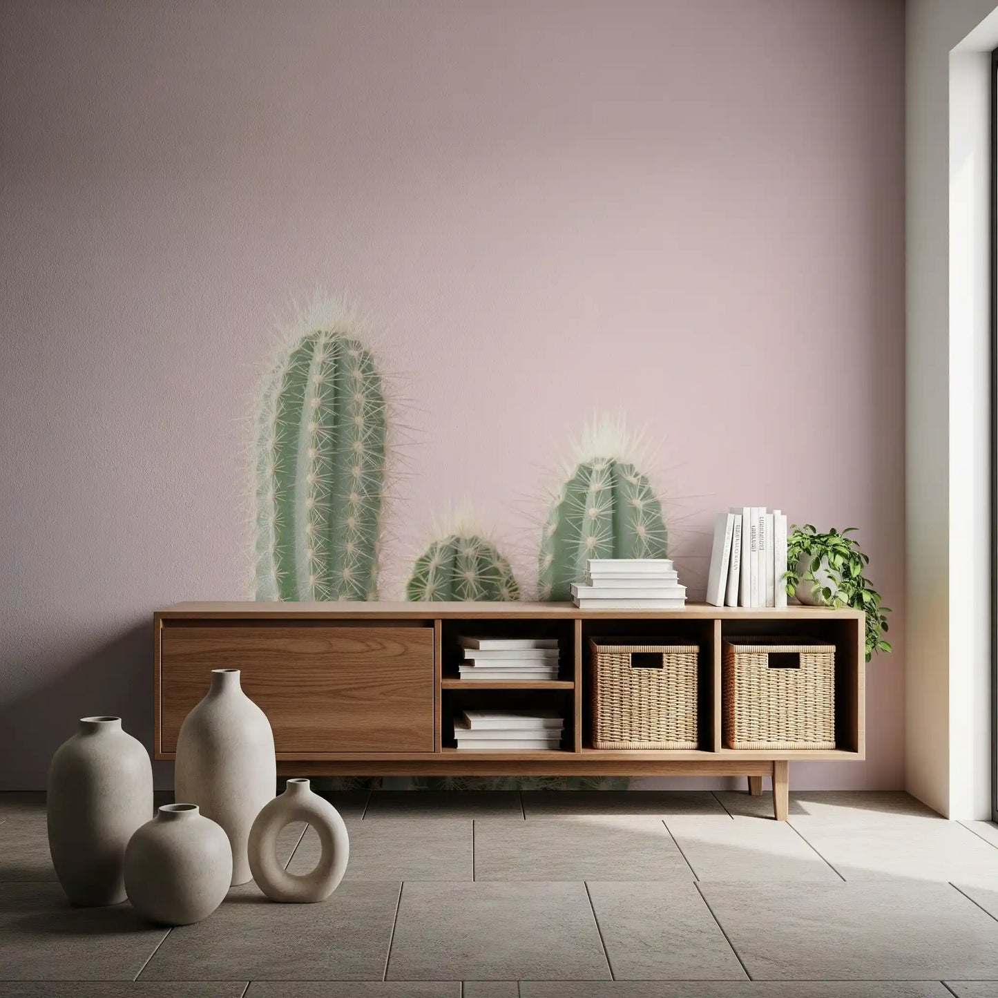 Organic cactus shapes rising against muted pink in botanical wall mural., GD10455