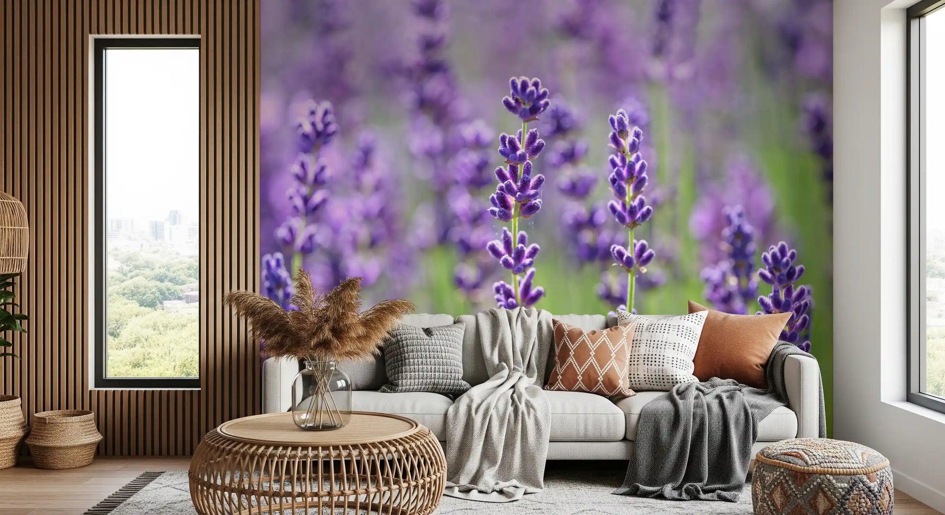 Shallow depth of field across purple lavender field wall mural in living area., GD10456