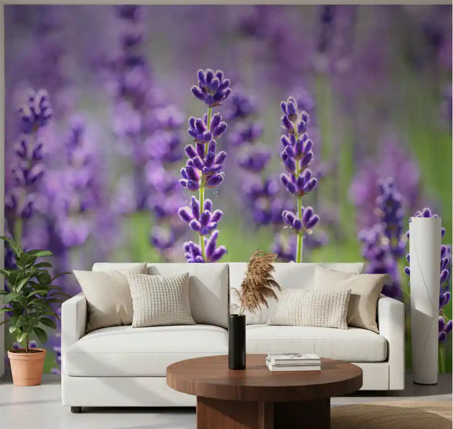 Serene Lavender Blooms Wall Mural featured in a living room setting., GD10456