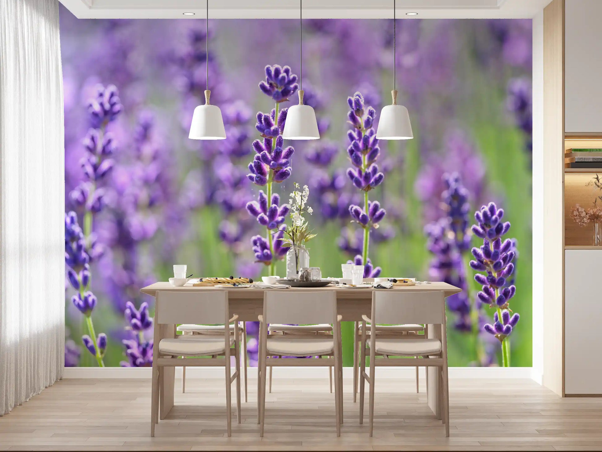 Serene Lavender Blooms Wall Mural with purple flower spikes and green backdrop., GD10456
