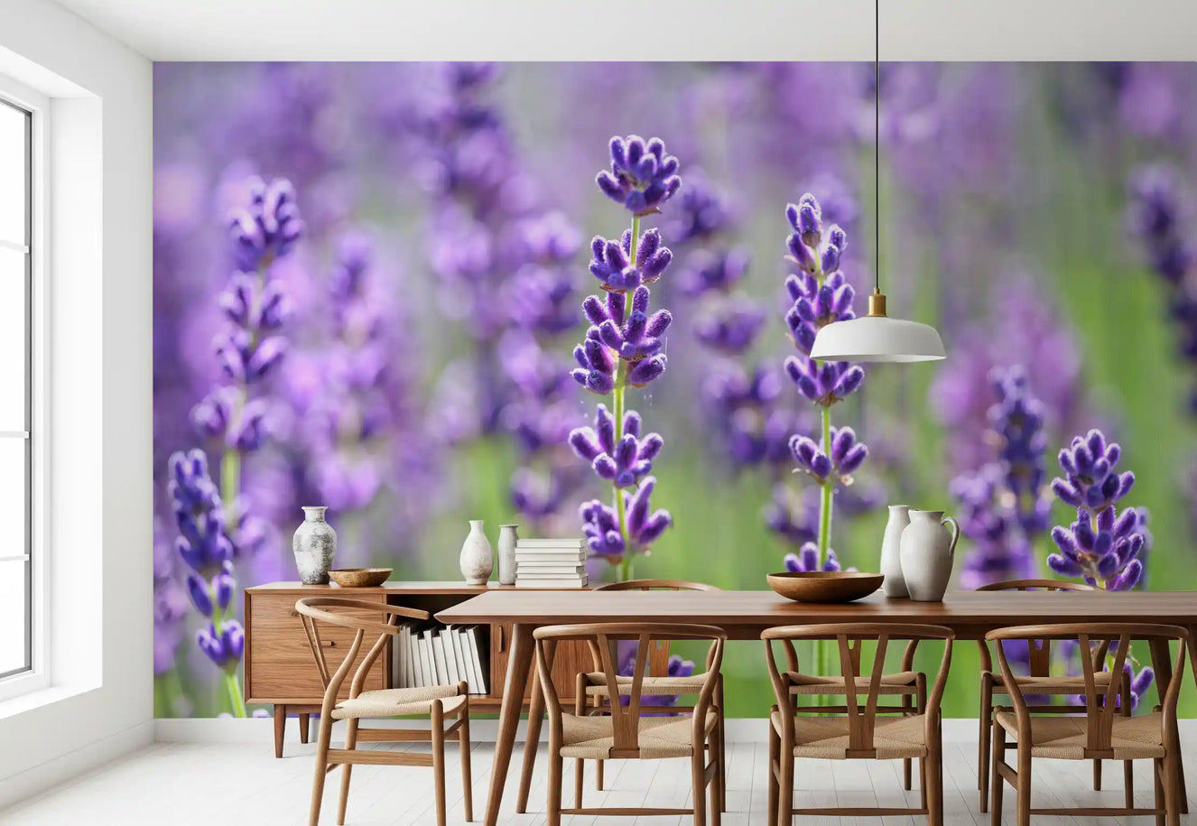 Dining room wall mural showing tightly grouped violet buds graduating to lighter lilac tones.