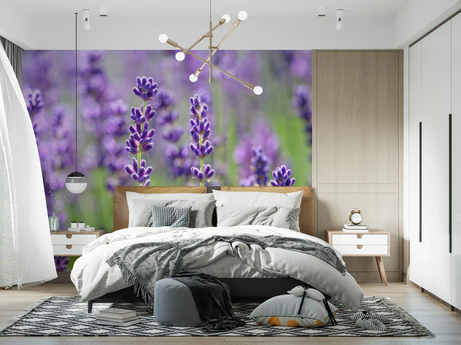 Purple and violet lavender spikes wall mural with soft-focus green meadow., GD10456