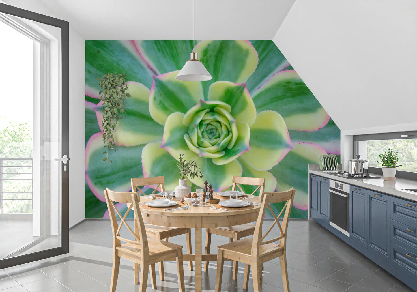 Green and yellow-cream variegation wall mural with fleshy succulent leaves in dining room., GD10457