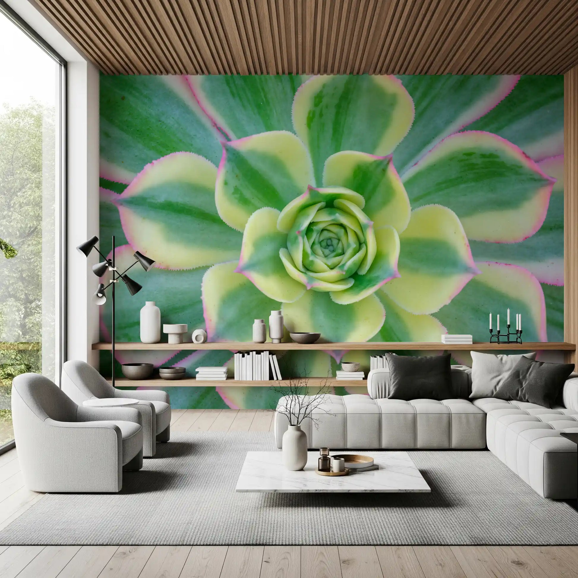 Succulent rosette wall mural as a botanical accent in a living room., GD10457