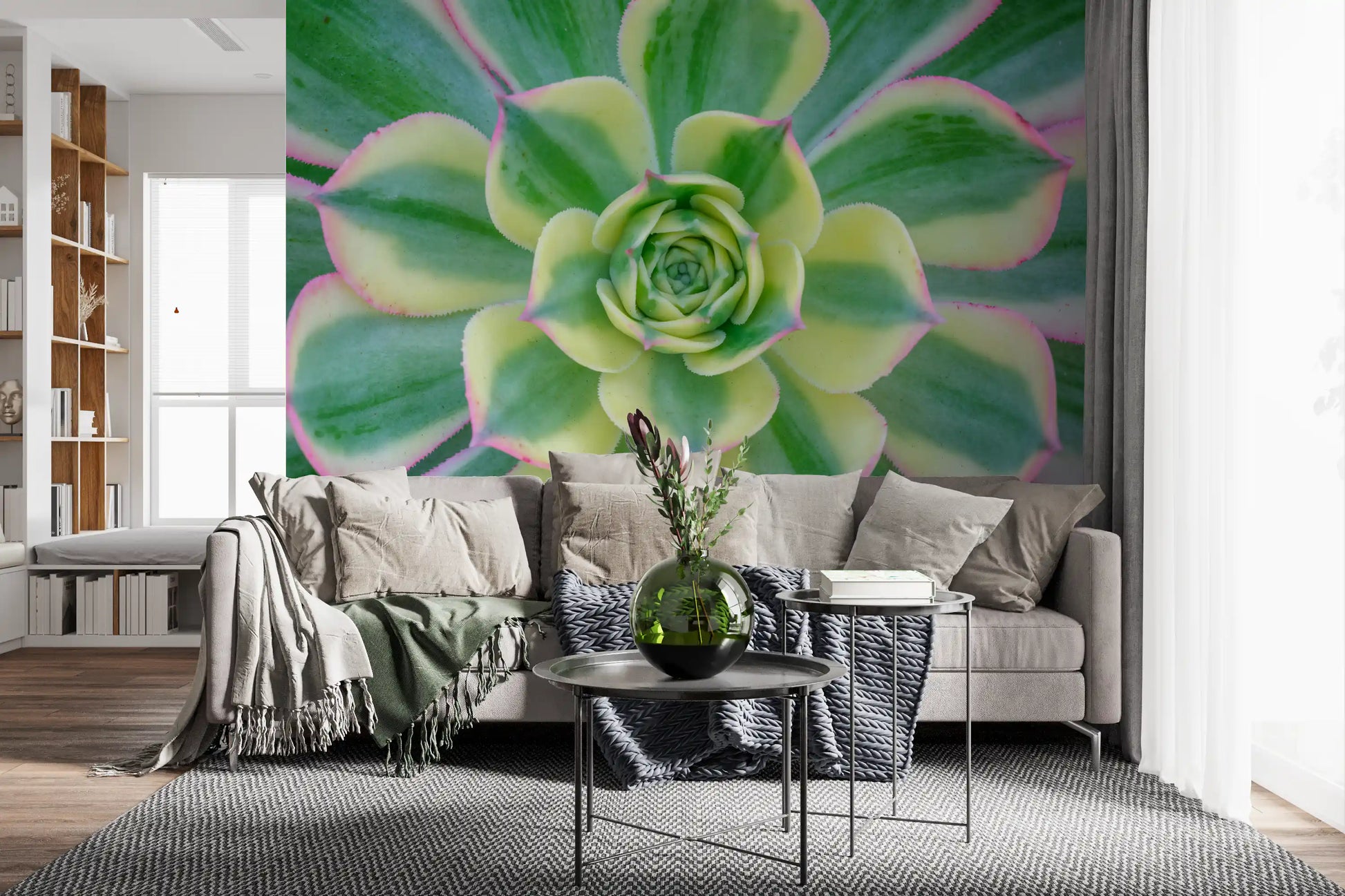 Succulent Serenity Wall Mural with variegated rosette in green and cream., GD10457
