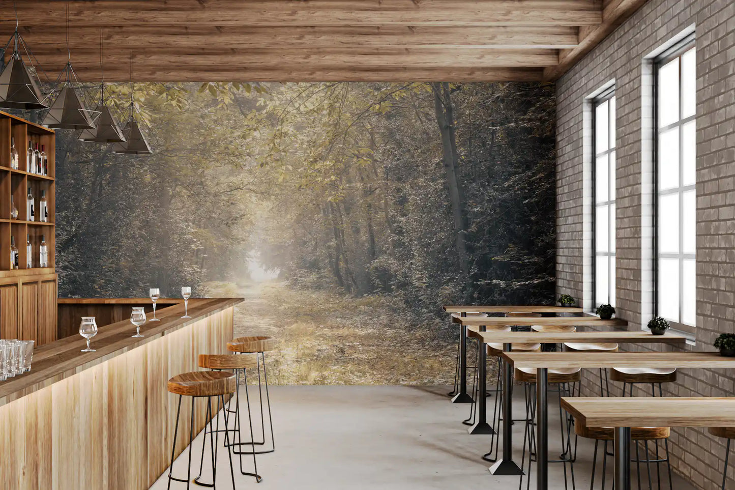 Forest Glow Pathway Wall Mural with Muted green and gold woodland tones.
