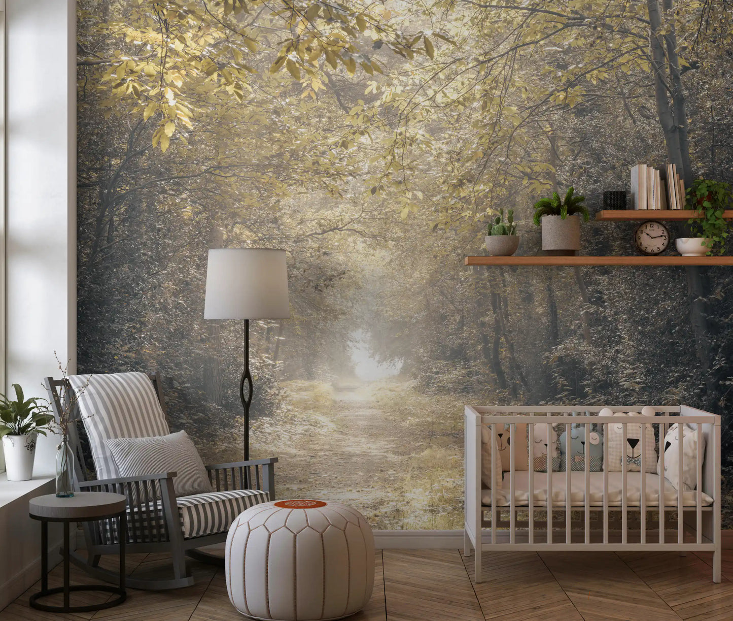Misty woodland trail mural as a nature accent in a nursery with tree trunks.