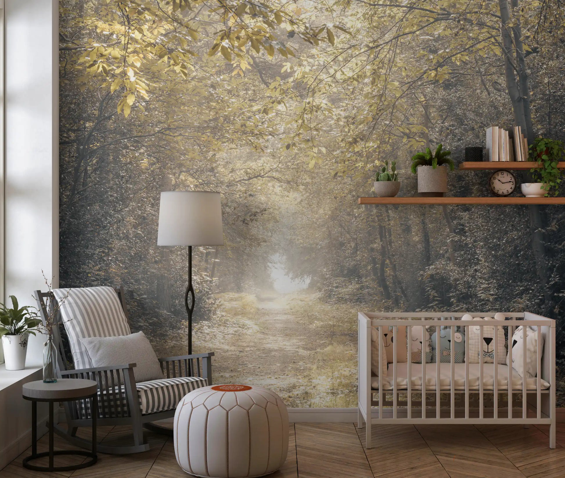 Misty woodland trail mural as a nature accent in a nursery with tree trunks.