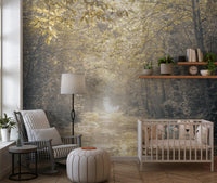 Misty woodland trail mural as a nature accent in a nursery with tree trunks.