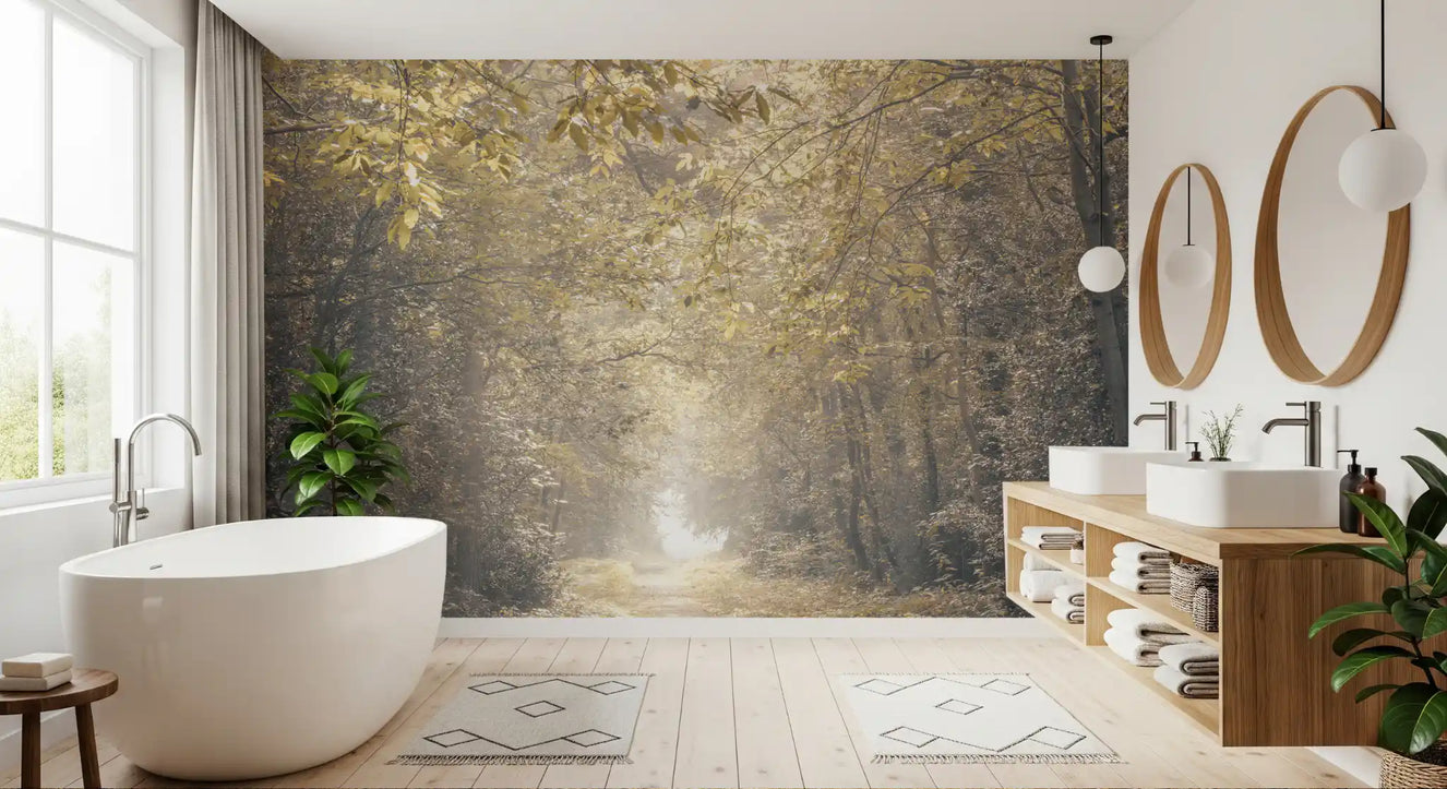 The forest glow pathway wall mural with hazy vanishing point at the centre in bathroom.