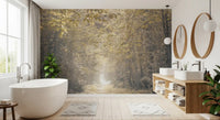 The forest glow pathway wall mural with hazy vanishing point at the centre in bathroom.