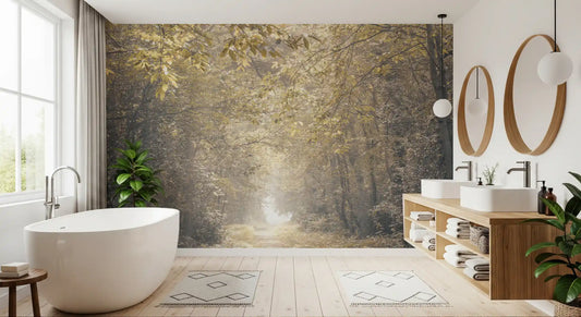 The forest glow pathway wall mural with hazy vanishing point at the centre in bathroom.