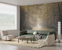 Muted grey-green foliage and charcoal shadows in woodland pathway wall mural.