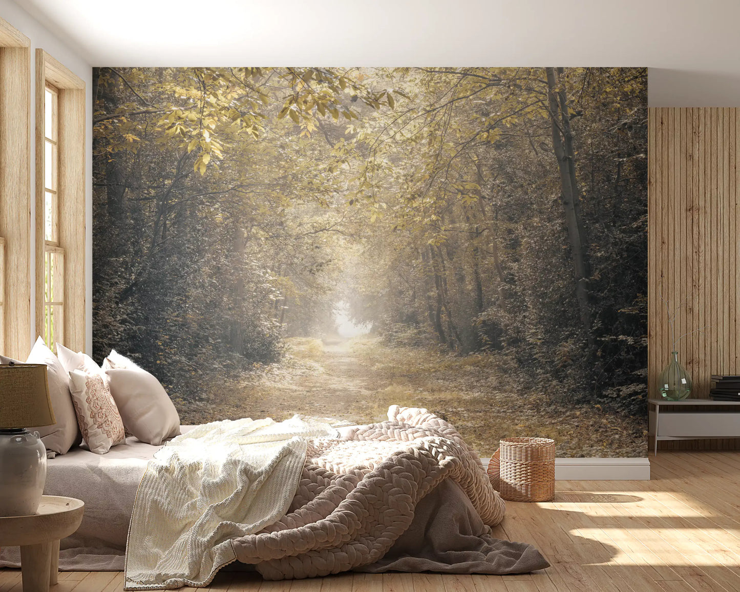 Forest canopy wall mural with Golden amber light breaking in bedroom.