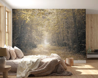 Forest canopy wall mural with Golden amber light breaking in bedroom.