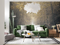 Dense tree trunks lining a narrow forest pathway in nature mural.