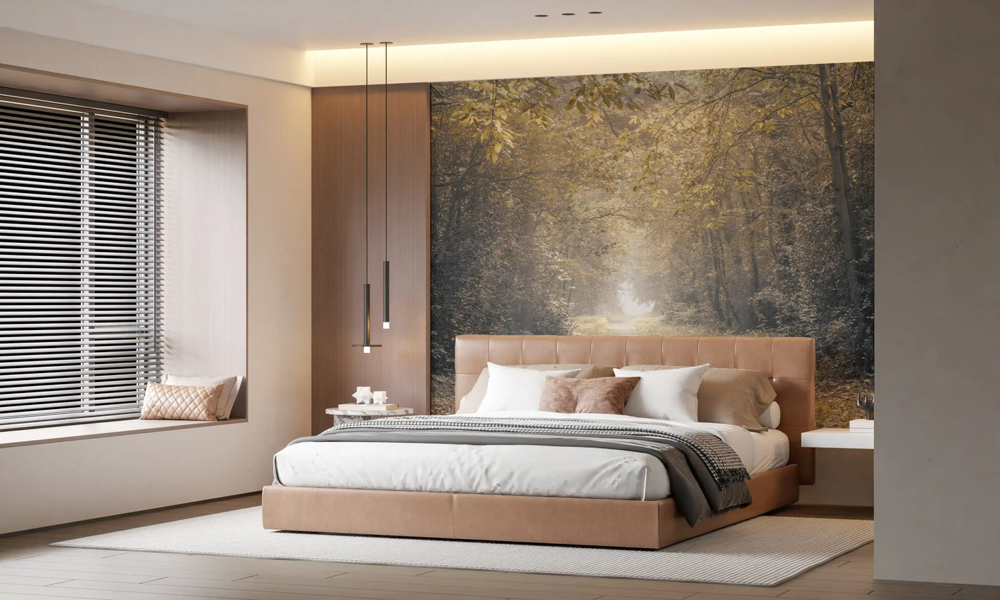 Layered tonal depth from gold to charcoal in woodland pathway wall mural.