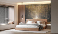 Layered tonal depth from gold to charcoal in woodland pathway wall mural.