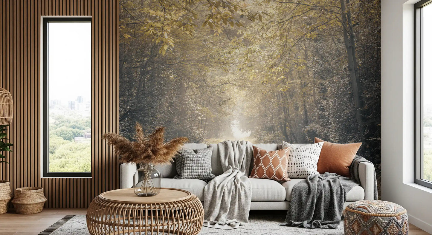 Forest glow wall mural with overhead arch of branches and leaves in living room.