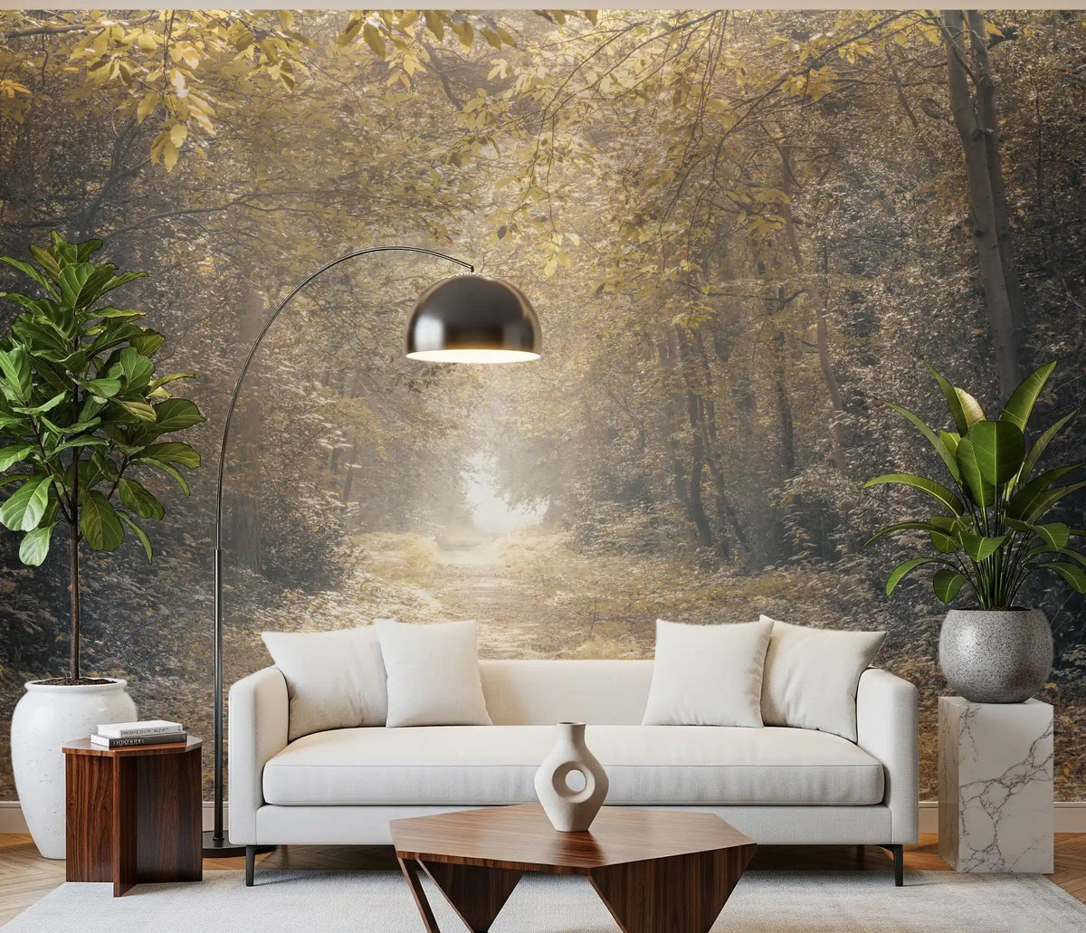 Forest pathway wall mural with warm golden tones in a living room., GD10458