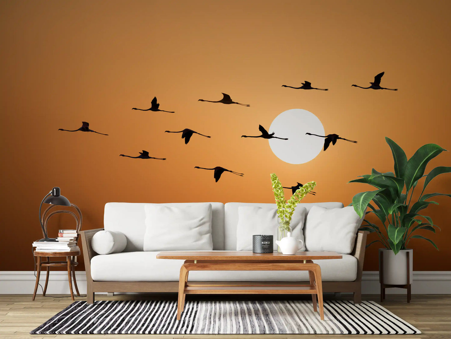 Flamingo flock flying in silhouette across warm golden sunset wall mural., GD10459
