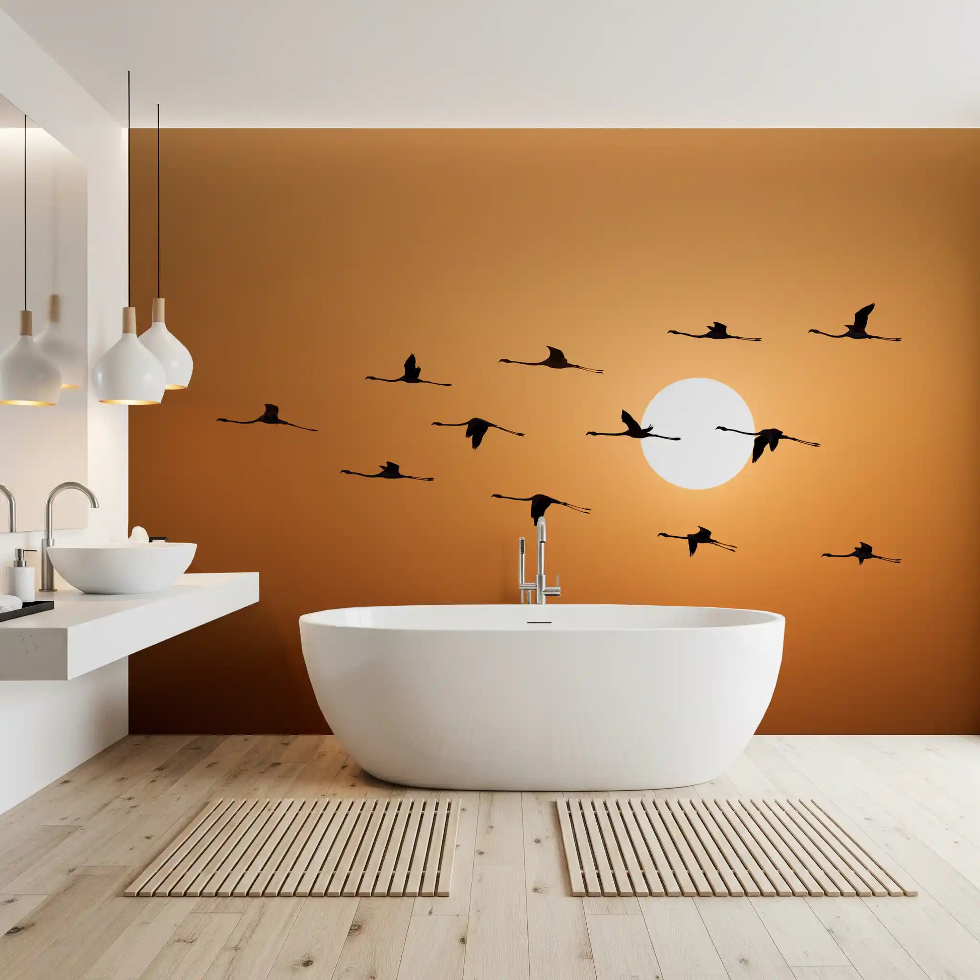 Amber sky wall mural featuring flamingos soaring past a glowing white sun., GD10459