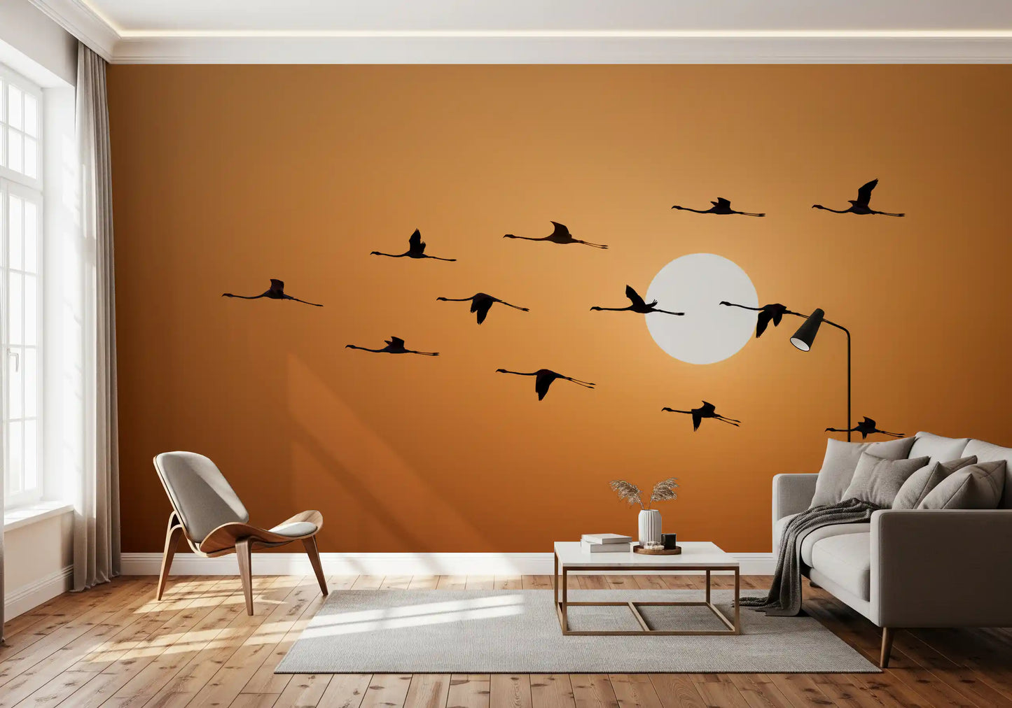 Flock of flamingos in golden sunset wall mural with peach gradients., GD10459