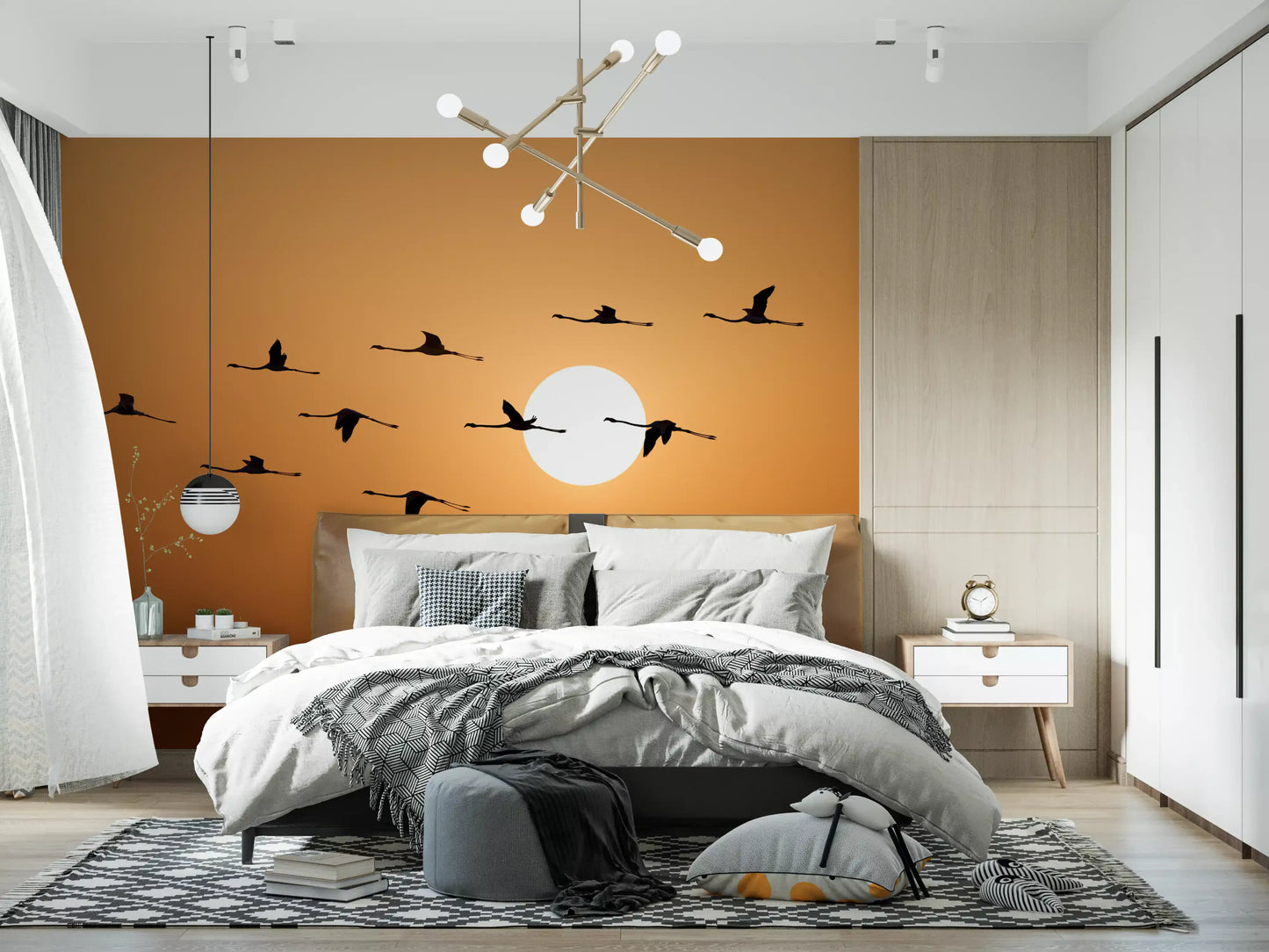 Silhouetted flamingos mid-flight across golden horizon wall mural in bedroom., GD10459