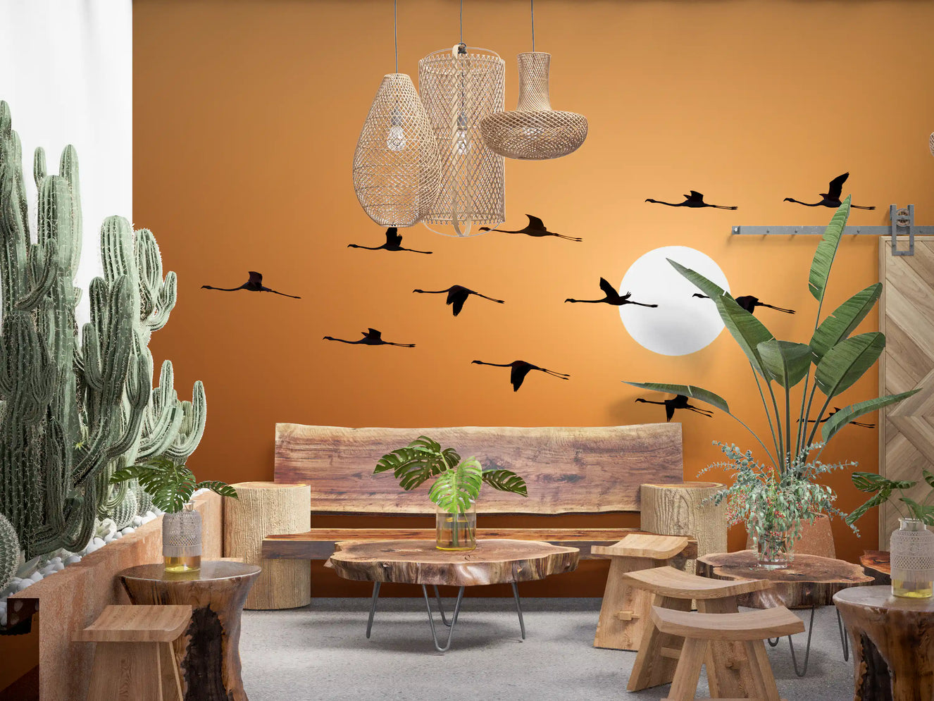 Warm orange sunset mural with flamingo flock in natural formation.