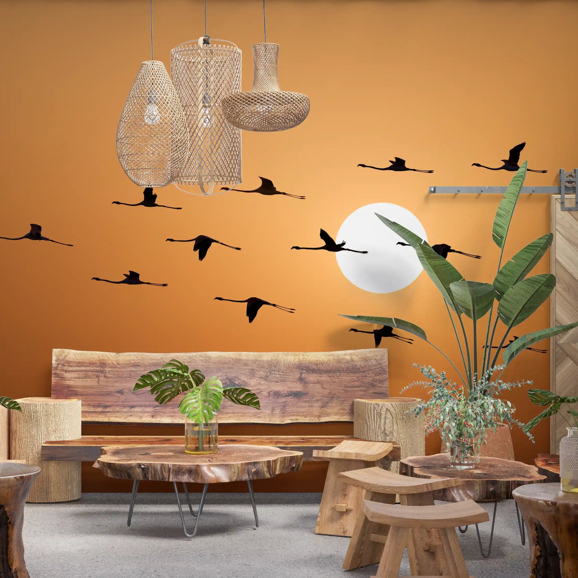Warm orange sunset mural with flamingo flock in natural formation., GD10459
