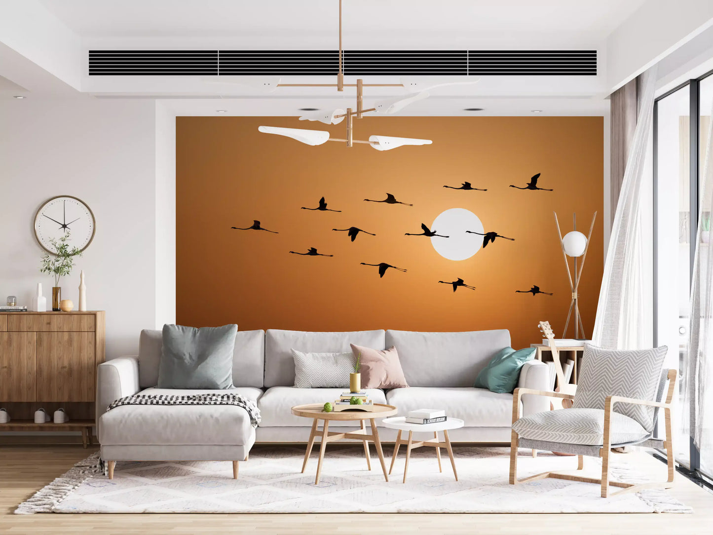 Golden horizon flock wall mural displayed in a living room setting., GD10459