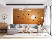Golden horizon flock wall mural displayed in a living room setting., GD10459