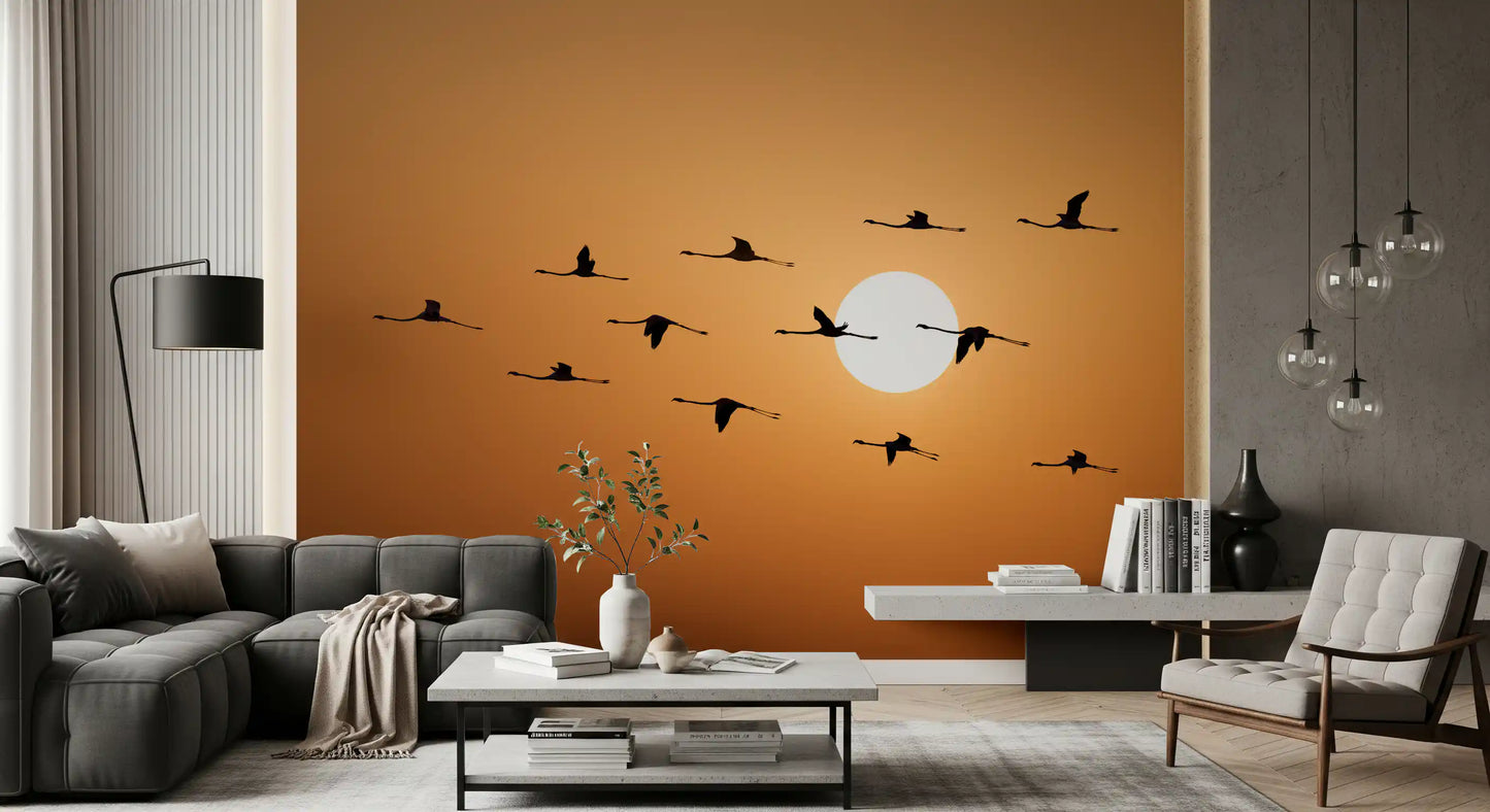 Golden horizon mural with outstretched flamingo wings in sunset tones., GD10459