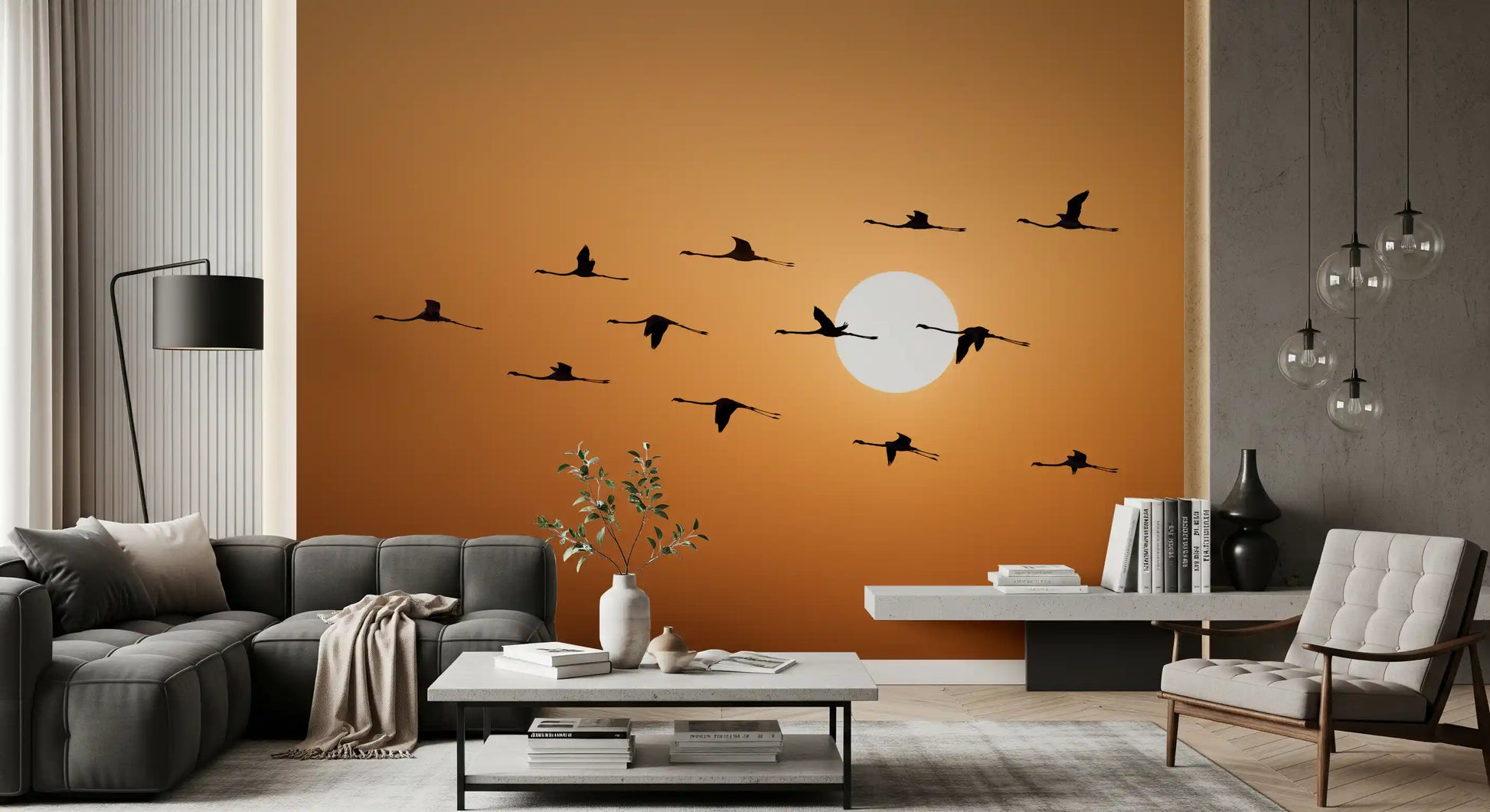 Golden horizon mural with outstretched flamingo wings in sunset tones., GD10459
