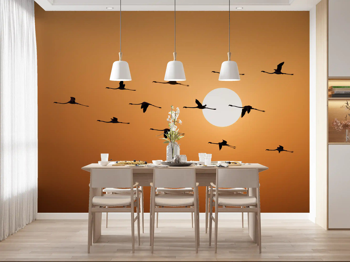 Flamingo sunset mural with deep amber and soft peach colour palette in dining area., GD10459