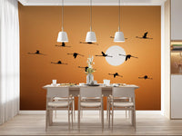 Flamingo sunset mural with deep amber and soft peach colour palette in dining area., GD10459